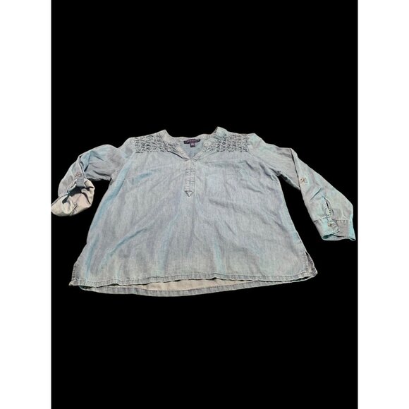 Bandolino Trinity Denim Blue Jean Long Sleeve Blouse Beaded Accent Ladies XXL - Picture 2 of 8